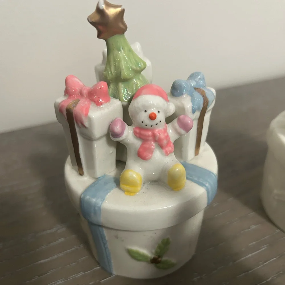 Vintage Porcelain Winter Bear and Snowman Figurines Storage containers